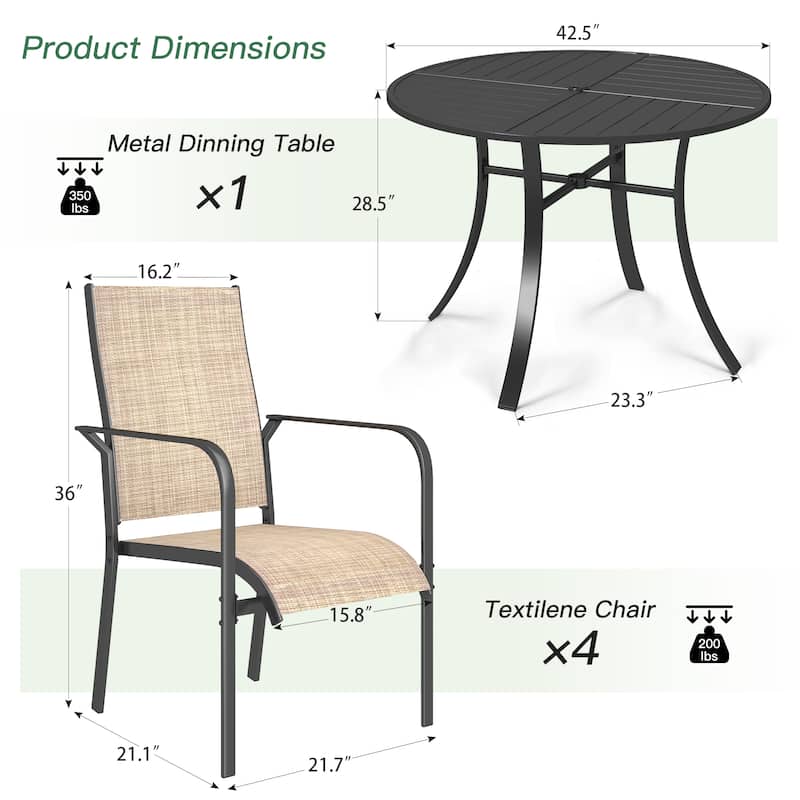 5/7/9-Piece Outdoor Patio Dining Set with Stackable Textilene Chairs and Slatted Table, Furniture with Adjustable Umbrella Hole