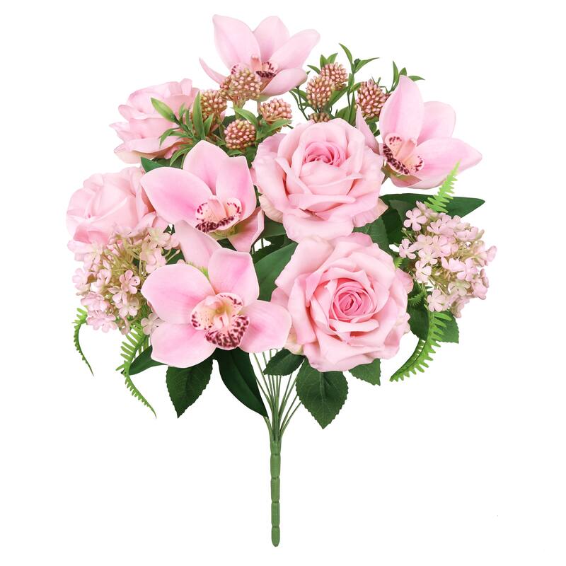 Set of 2 Pink Artificial Mixed Rose Cymbidium Orchid Snowball Flower Stem Bush Bouquet 19in - 19" L x 12" W x 12" DP