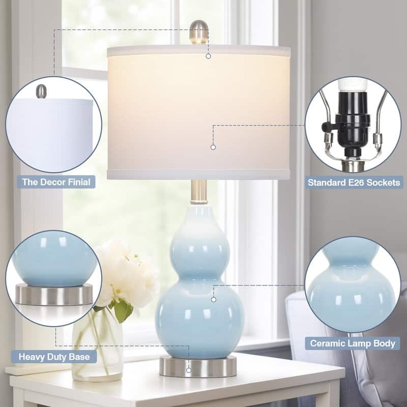 22'' Modern Blue Ceramic Table Lamp with Nickel Accents and Linen Drum Shade(Set of 2) - 11'' x 11'' x 22''