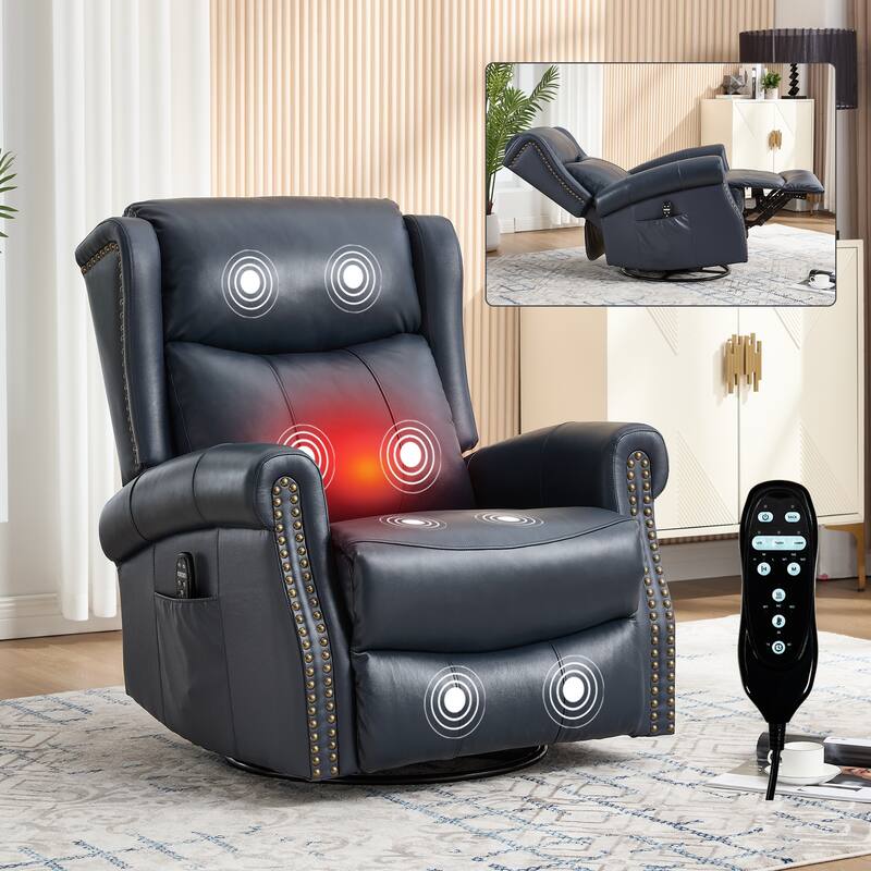 Manual Recliner Chair with Heat & Massage, Genuine Leather Swivel Recliner Chair, Lounge Sofa Chair with Side Pockets