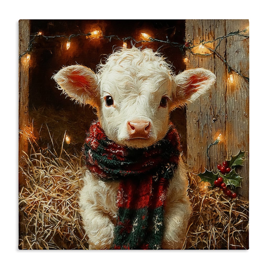 Stupell White Calf with Holiday Lights Canvas Wall Art Design By Riley B