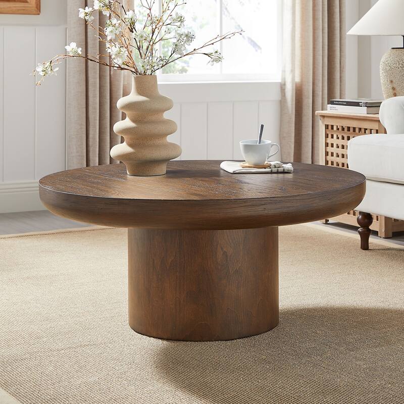 35.98 inch Round Coffee Table with Cylindrical Leg,Wood Veneer Tabletop Table,Rounded Sofa Side Table for living Room Office