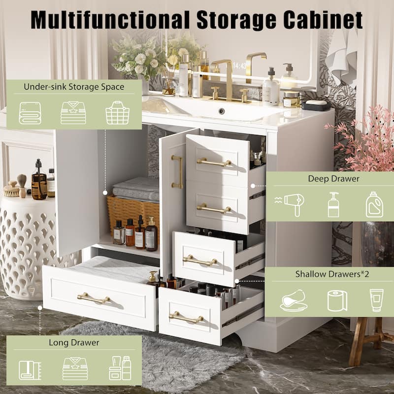 Bathroom Vanity with Resin Sink, Bathroom Vanity Set with 4 Drawers, Bathroom Storage Cabinet with 2 Soft Close Doors