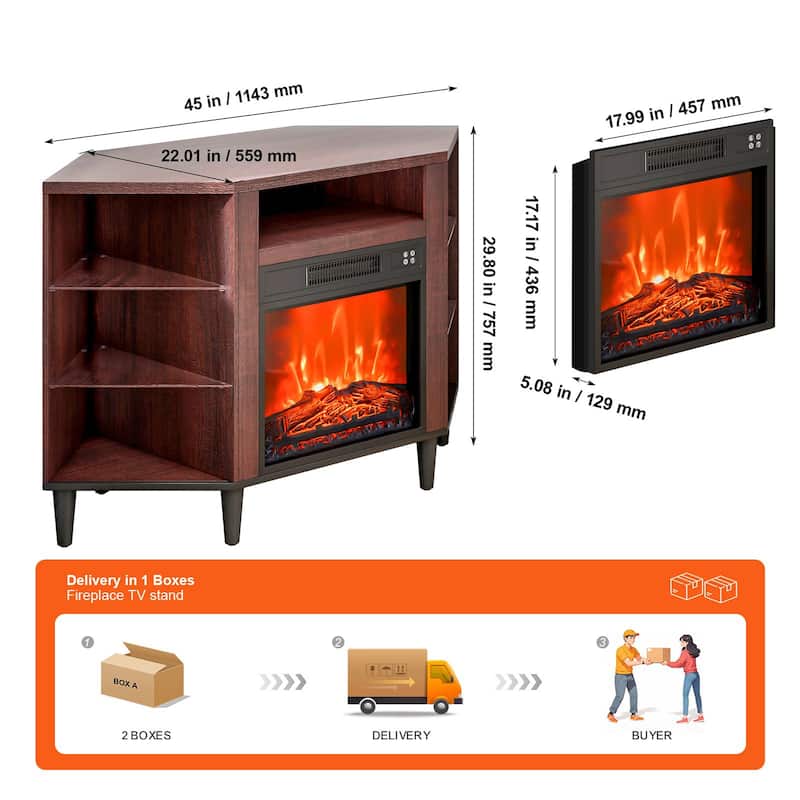 TV Stand with Fireplace Insert LED Lighting Storage for Living Room - 45 x 22.01 x 29.80 in