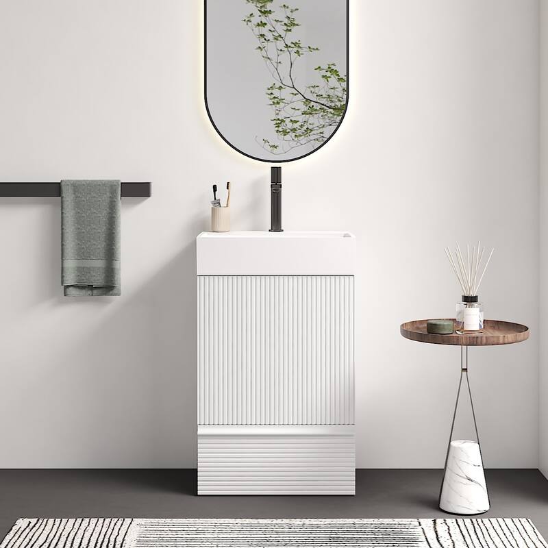 20" Striped Bathroom Vanity with White Ceramic Sink, Freestanding Bathroom Cabinet for Modern Bathroom - Matte White