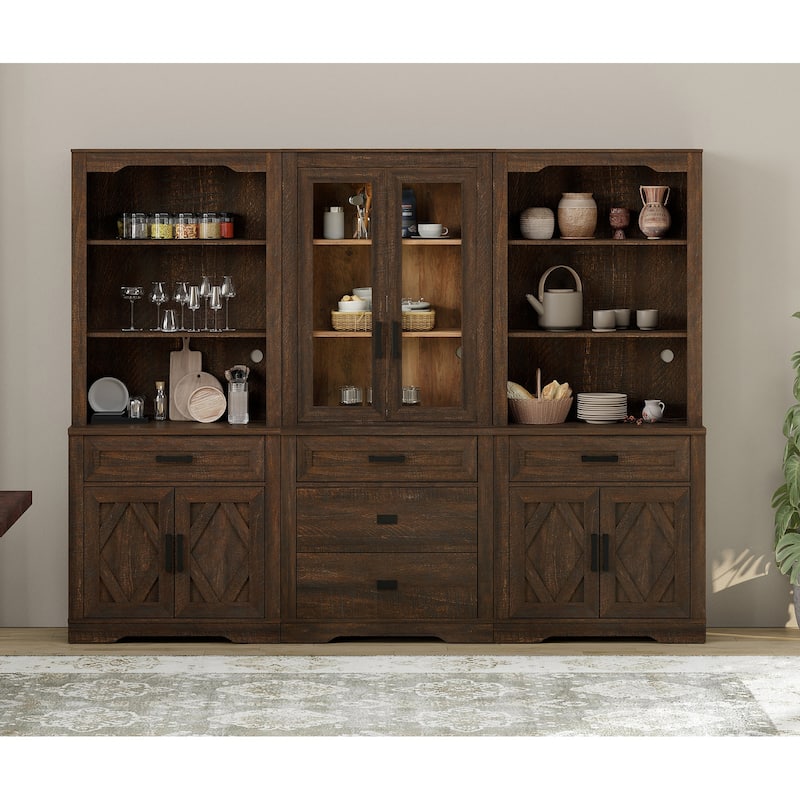 3-Column 73.3" Tall Bookshelf Set with Open Storage and Glass Doors