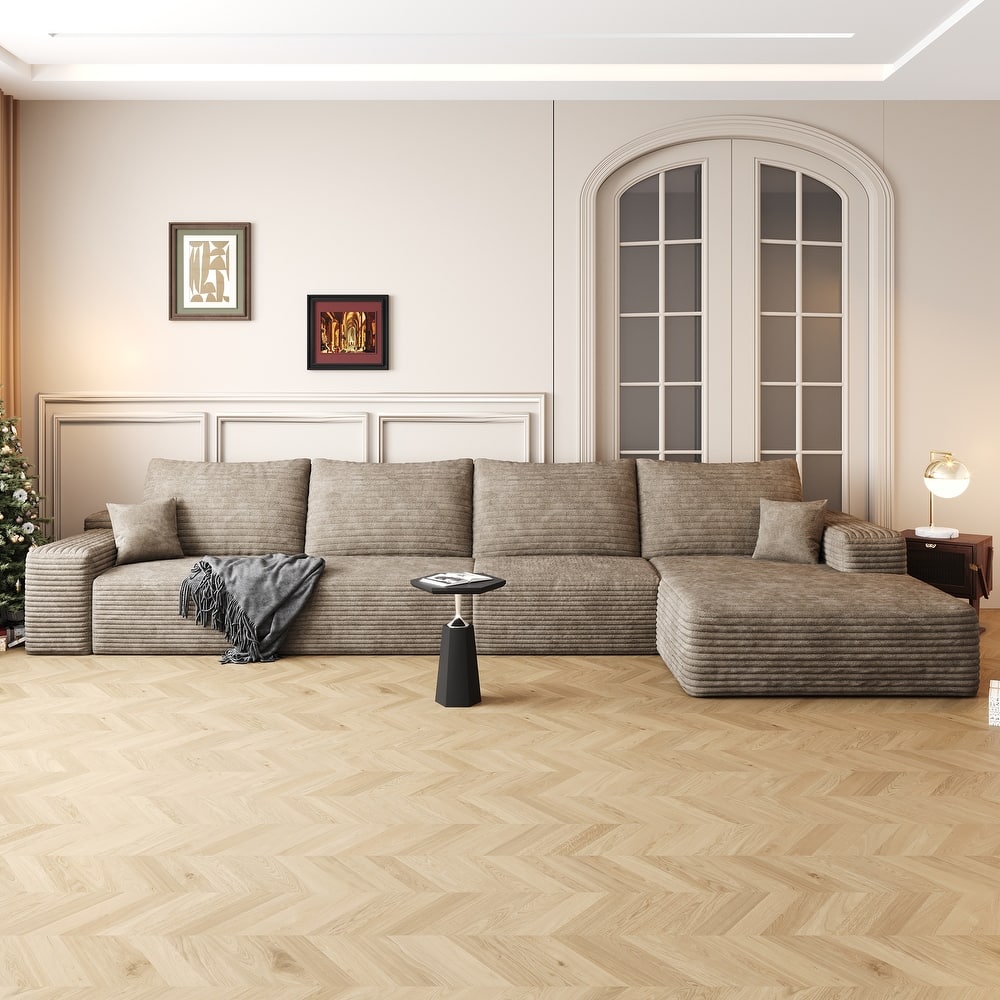 Floor Standing Corduroy Upholstered Modular Deep Seat Sofa L-shaped Sectional Couch with Chaise for Living Room, Apartment