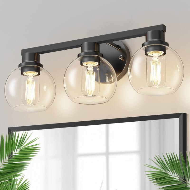 YANSUN 3-Light Vanity Light, All-Black Finish, E26 Sockets, Large Clear Glass Globe Shades - Black - 18.9*6.47*7.2