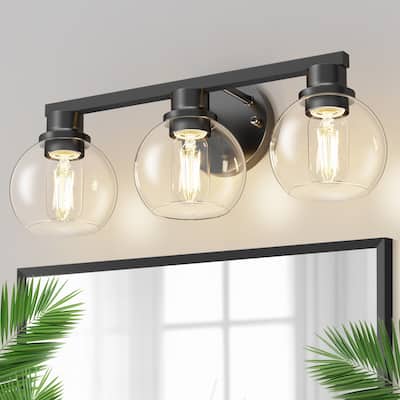 YANSUN 3-Light Vanity Light, All-Black Finish, E26 Sockets, Large Clear Glass Globe Shades - Black - 18.9*6.47*7.2