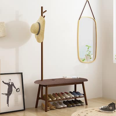 Bamboo Entryway Hall Tree Coat Rack Shoe Bench Upholstered Seat - 65” H x 13.4'' W x 32.9'' L Overall