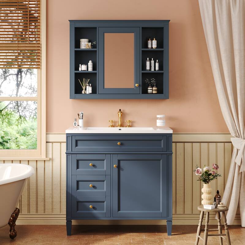 GDFStudio - Carramore Modern Bathroom Vanity Set with Ceramic Sink, Medicine Cabinet, 2 Soft Closing Doors & Drawers - 36'W - Blue