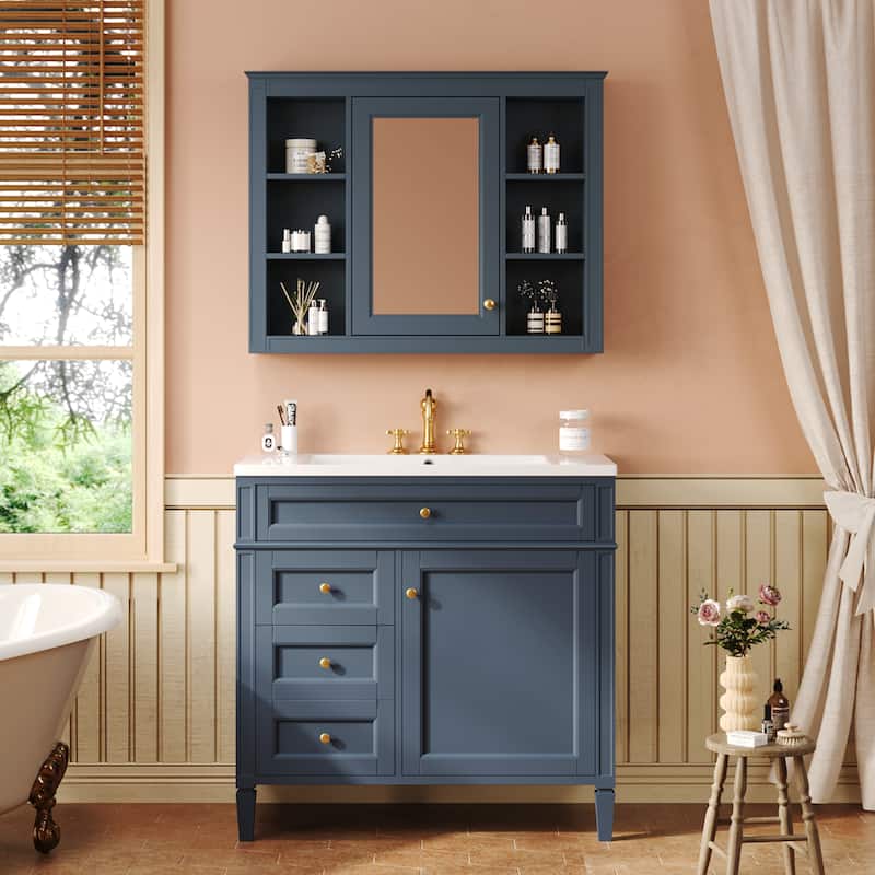 Roomfitters 36 Inch Bathroom Vanity with Sink and Mirror Cabinet, Storage Cabinet with 2 Doors and 4 Drawers