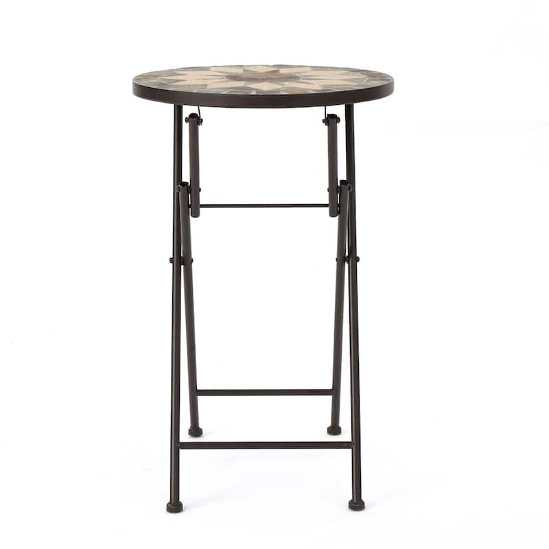 Roomfitters End Table, Round Mosaic Outdoor Side Table with Folding Metal Frame for Patio or Garden, Beige+Black