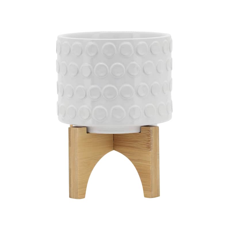 Sagebrook Home Ceramic Planters: Elevate Your Greenery with Stylish Bamboo Wood Stands - Perfect Home Decor Accessory - 5"x5"x6" - White