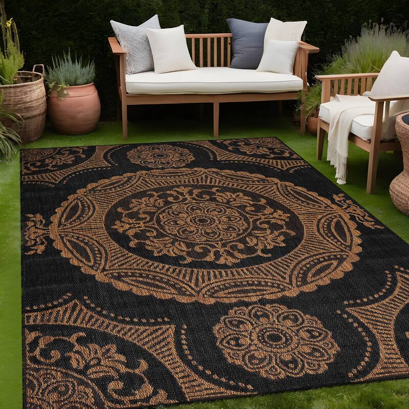 Beverly Rug Blue Medallion Indoor Outdoor Rug, Outside Carpet for Patio, Deck, Porch