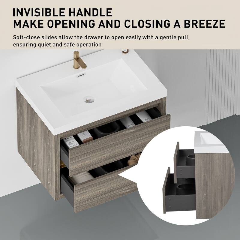 36" Floating Bathroom Vanity with Stone Resin Countertop, Soft Close Drawers, and U-Shaped Drain Design