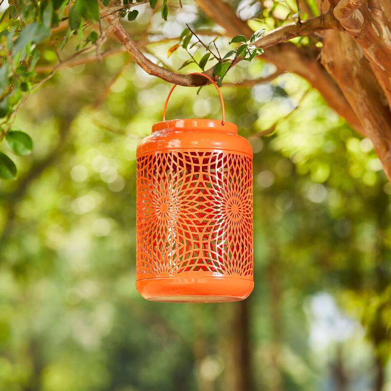 Glitzhome 8.75"H Outdoor Waterproof Metal Solar Hanging Lantern with Flower Leaves Decor