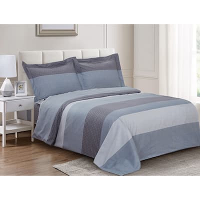 Violet Linen French Teal Stripe Pattern, Luxury 200 Thread Count Cotton Percale, Blue, 6 Piece, Bedding Duvet Cover Set