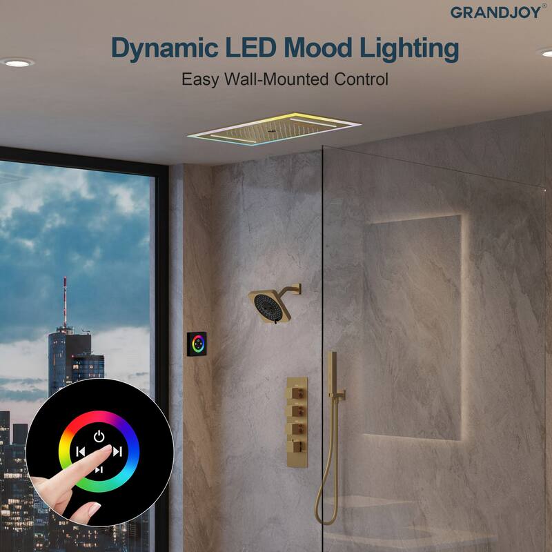 GRANDJOY Thermostatic LED Rain and Waterfall Shower System with Handheld, Ceiling-Mount Modern Design
