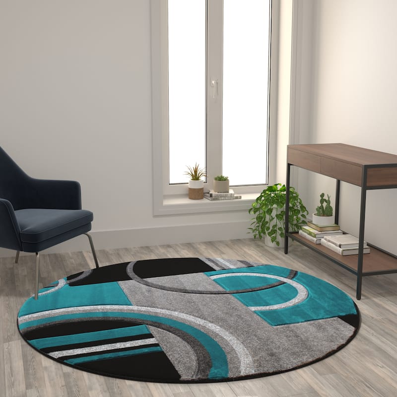 Modern Geometric Design Abstract Area Rug - Turquoise - 5' x 5'