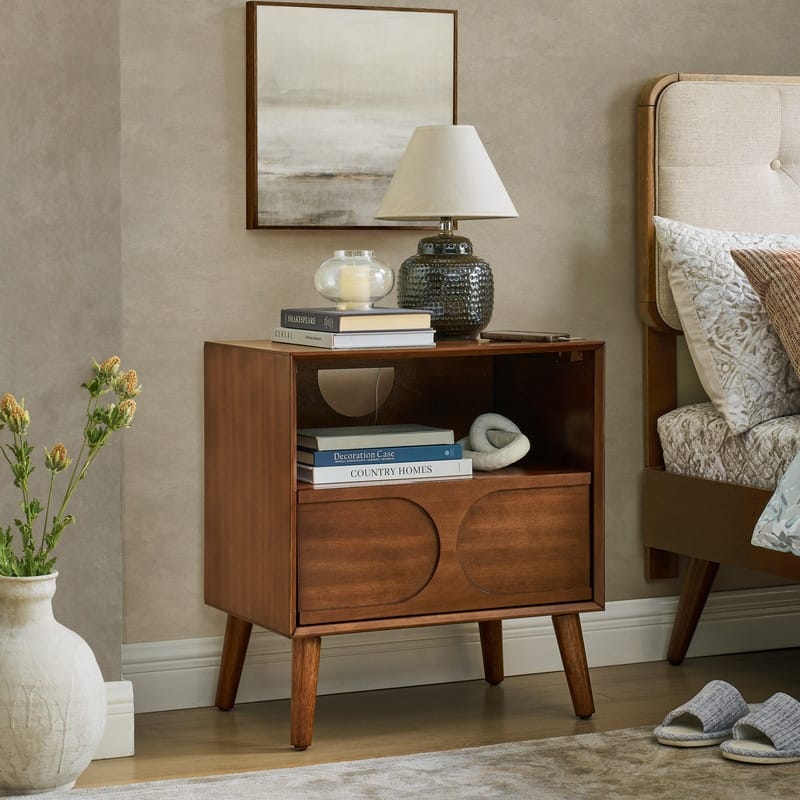 Walnut Mid-Century Modern Nightstand with USB Charging, Drawer & Open Shelf