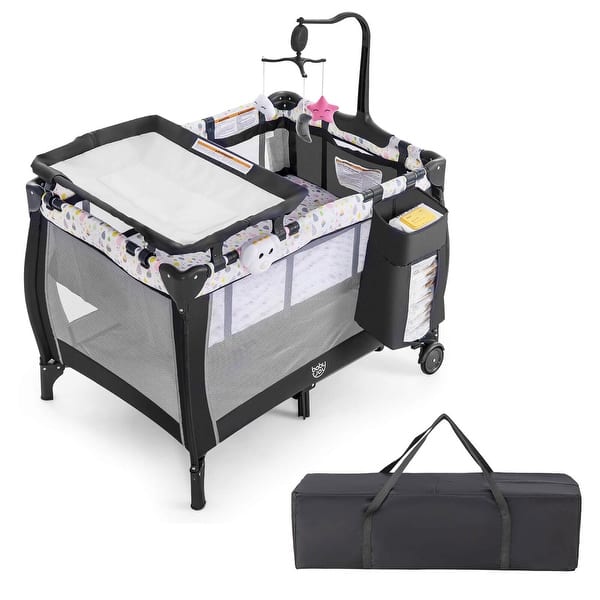 slide 2 of 30, Costway Portable Baby Playard Nursery Center Crib with Hanging Toys & - See Details Colorfu