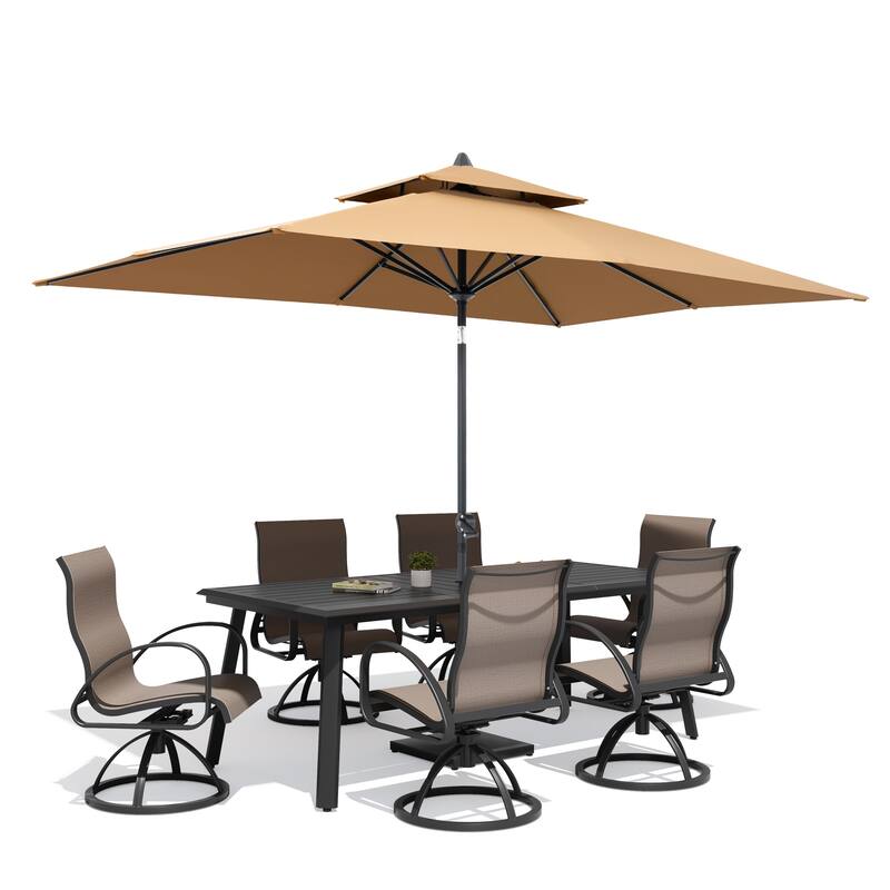 9-Piece Set Outdoor Aluminum Dining Table and Swivel Sunbrella Dining Chairs with Market Umbrella and Base