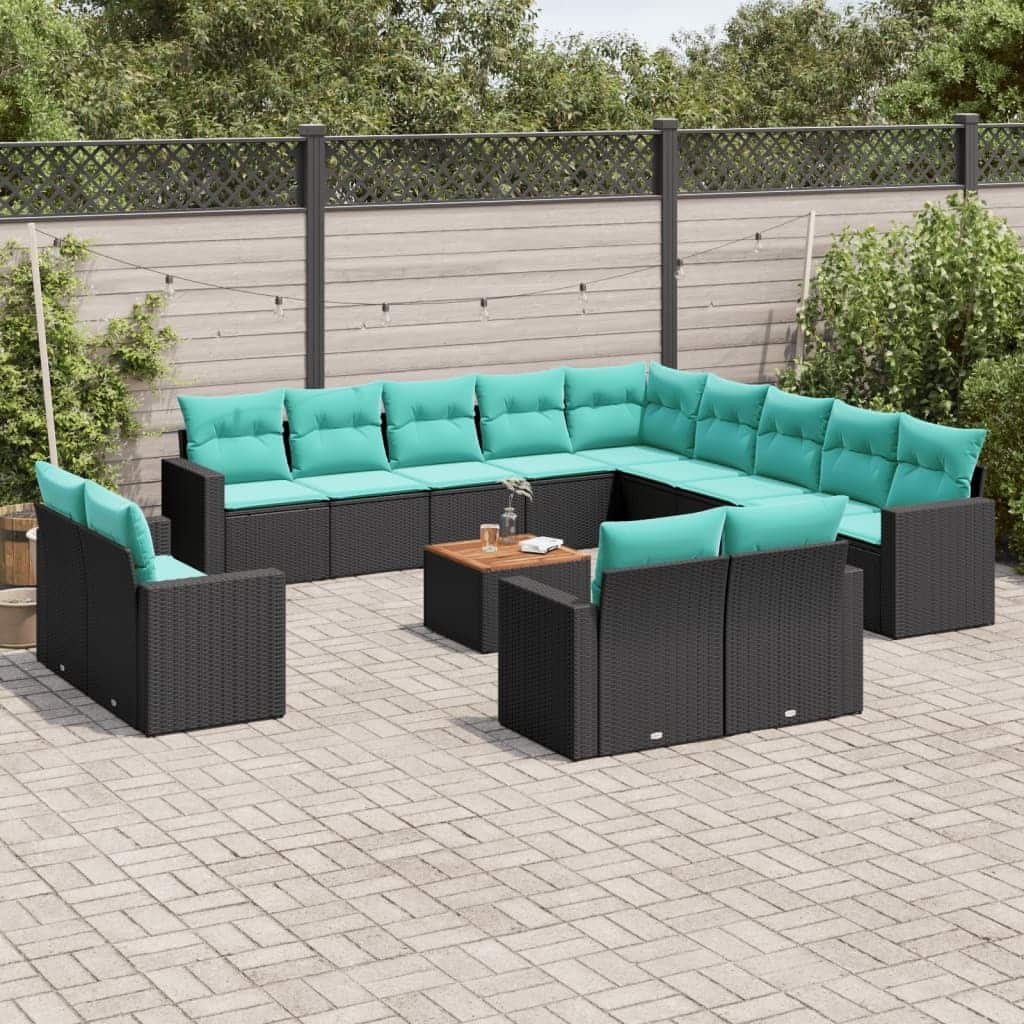 vidaXL 14 Piece Patio Sofa Set with Cushions Black Poly Rattan - 24.4x24.4x27.2