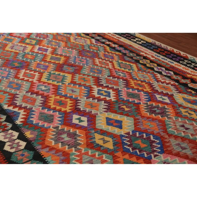 All-Over Geometric Kilim Oriental Large Rug Flatweave Wool Carpet - 10'1"x 15'11"