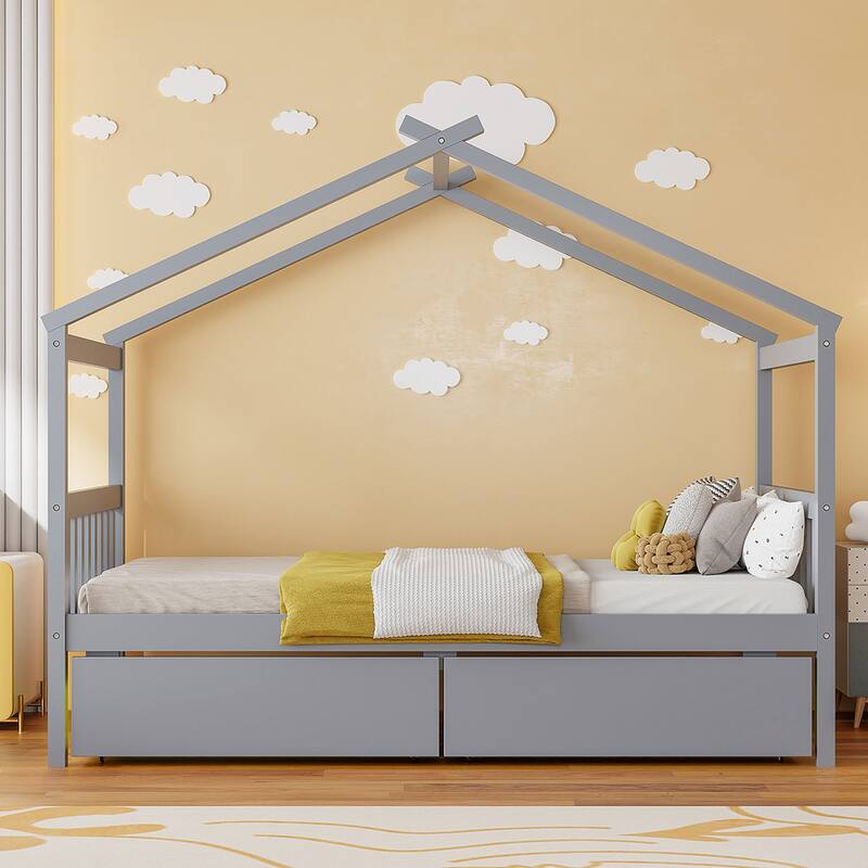 Twin Size Kids House Bed with Storage Drawers by Harper&Bright Designs