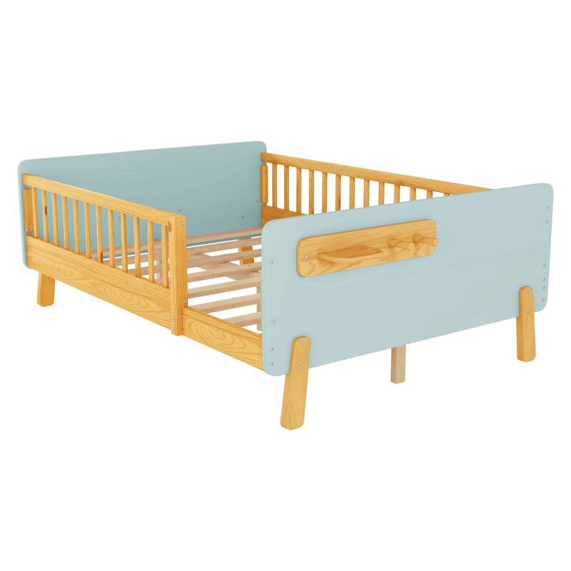 Kids Wood Platform Bed with Guardrails, Bottle Holder and 2 Hanging Rod, Convertible Toddler Daybed, Low Profile Design Frame