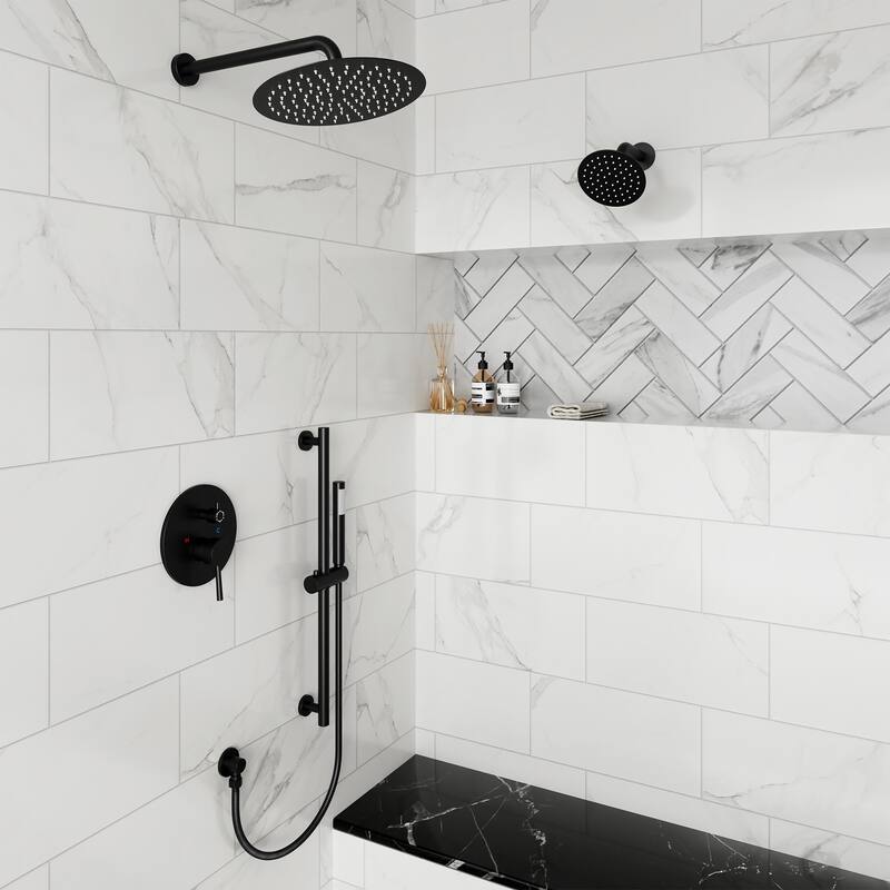 3-Spray Round 10 and 6 in. Dual Wall Mount Fixed and Handheld Shower Head in Matte Black, Valve Included - 10" x 10"
