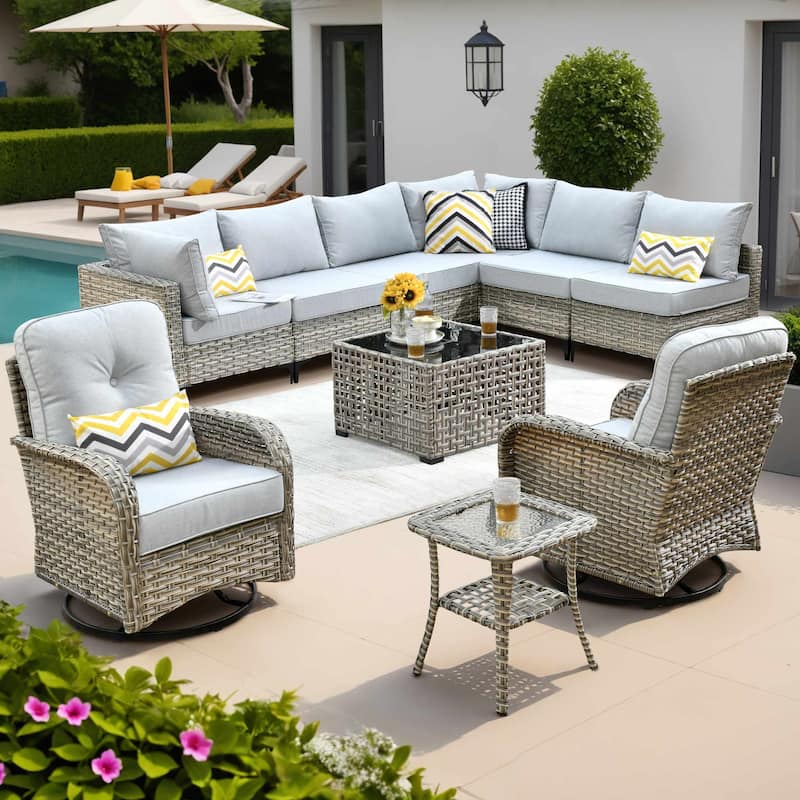 OVIOS 10 Pieces Outdoor Wicker Swivel Chair Set With Solar-Powered Coffee Table - Grey