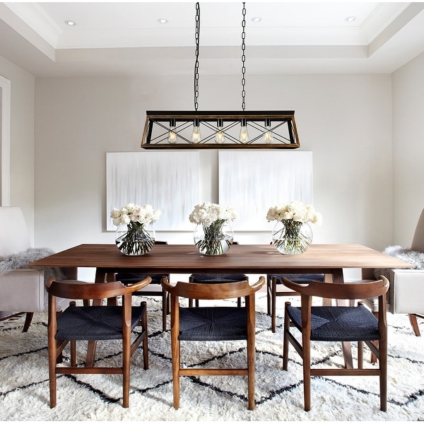 5 Light Square Rectangle Farmhouse Chandelier for Kitchen Island with Wrought Iron Accents Antique Brass