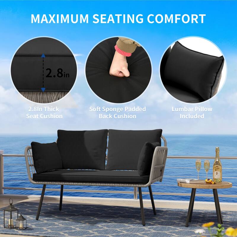 Moasis Outdoor Patio Loveseat Sofa,All-Weather Wicker Rattan 2 Seater Sofa with Cushions & Lumbar Pillows