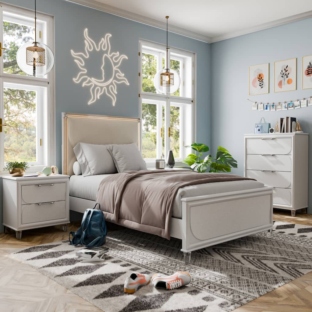 Furniture of America Drima Modern 3-Piece Pearl White Solid Wood Kids Platform Bedroom Set with LED