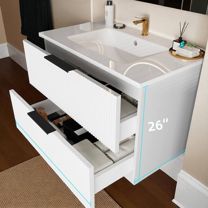 30 Inch Floating Bathroom Vanity with Ceramic Sink, Wall Mounted Fluted Cabinet with Drawers, Modern MDF Design