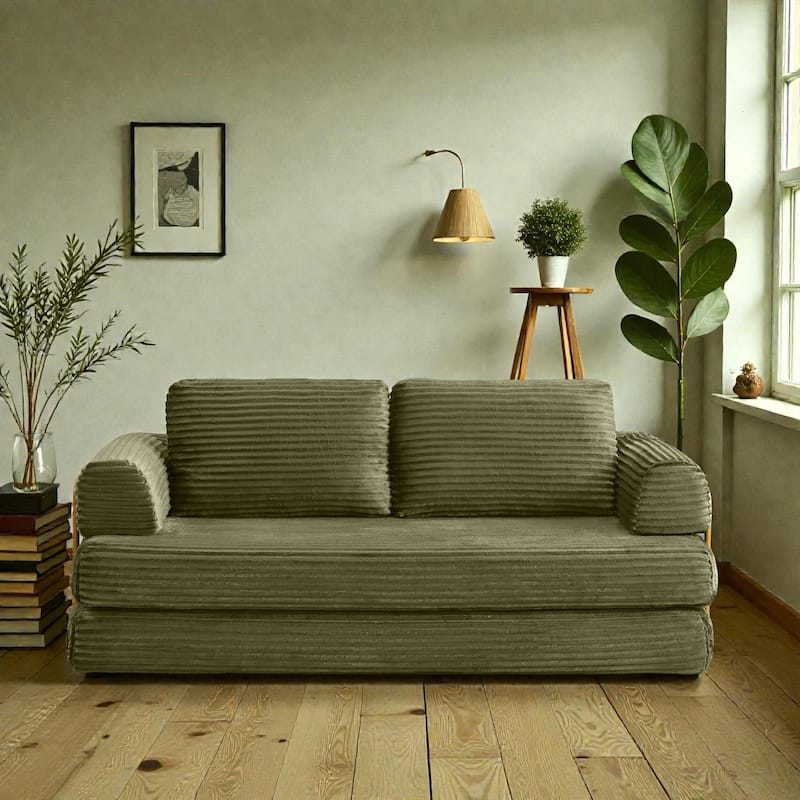 Convertible Sofa Bed Futon, Corduroy Folding Floor Couch with Pillows, Boneless Sleeper Mattress for Living Room