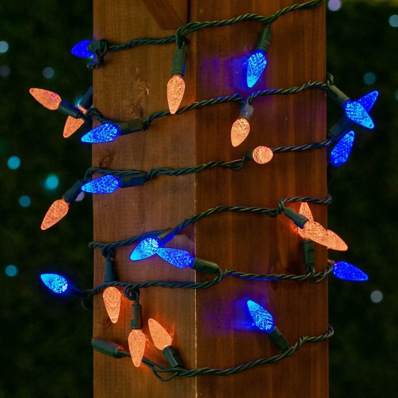 70 Light C6 LED Christmas Mini Light Set, Blue/Orange, Green Wire, 24 Feet - Large