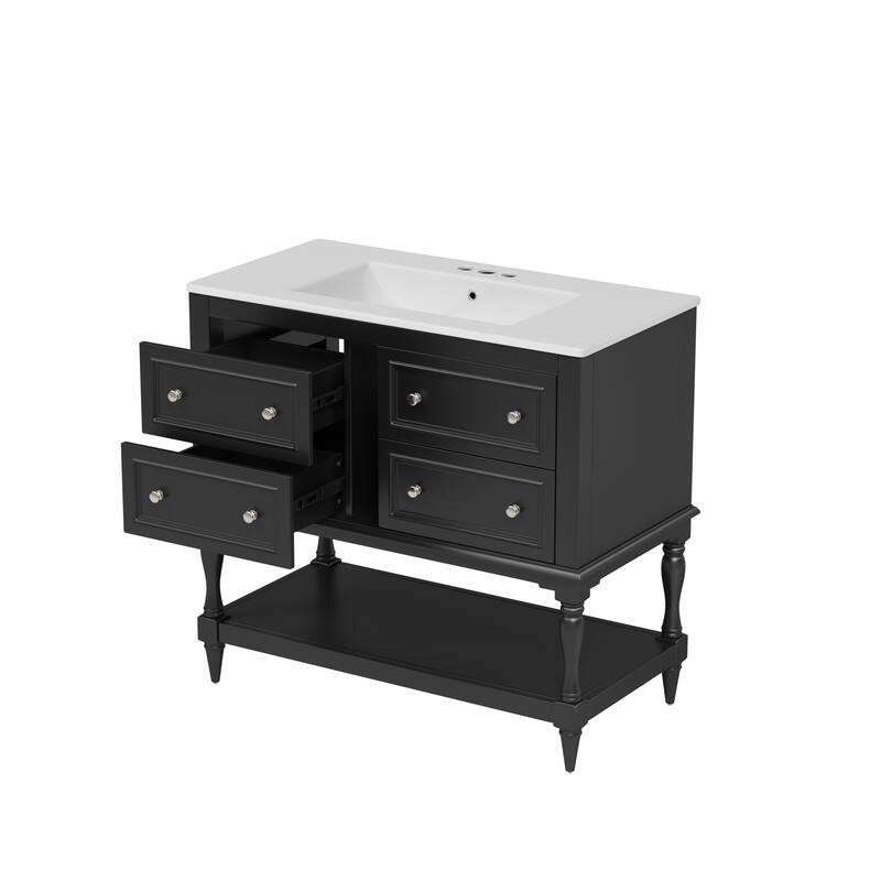 Bathroom Vanity with Ceramic Sink, Solid Wood Vanity Set with 4 Drawers, Bathroom Storage Cabinet with Open Shelf