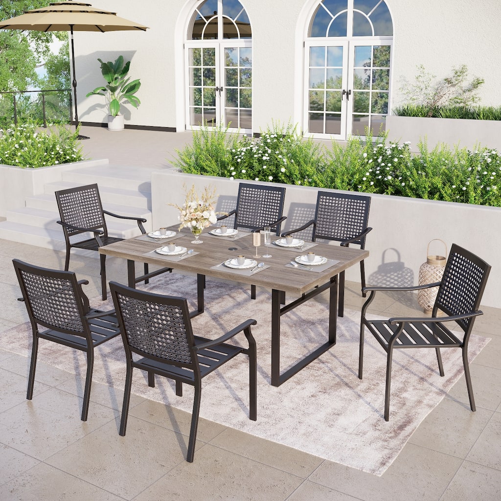 7-Piece Patio E-coating Dining Set of 6 Stackable Chairs & 1 Metal Dining Table
