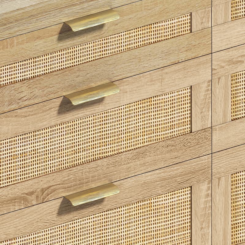 Anmytek Rattan 6 Drawer Dresser with Gold Handles Bohemian Bedroom Storage Chest