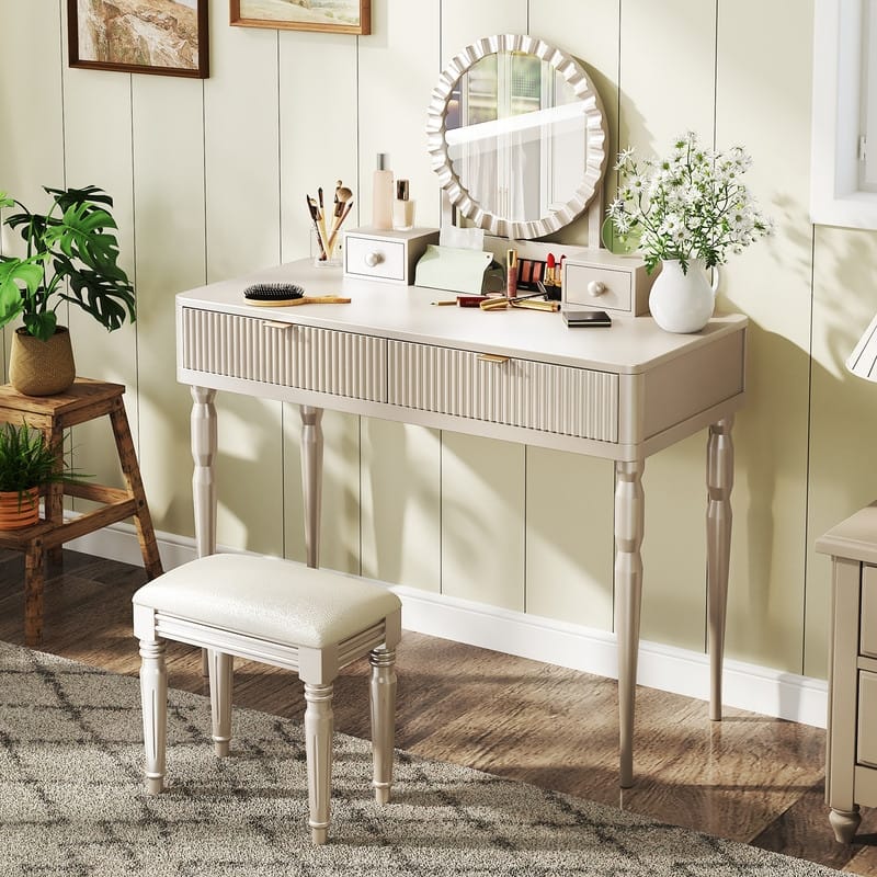 Vanity Dresser with Mirror and Stool Set Storage Drawers Luxury Furniture
