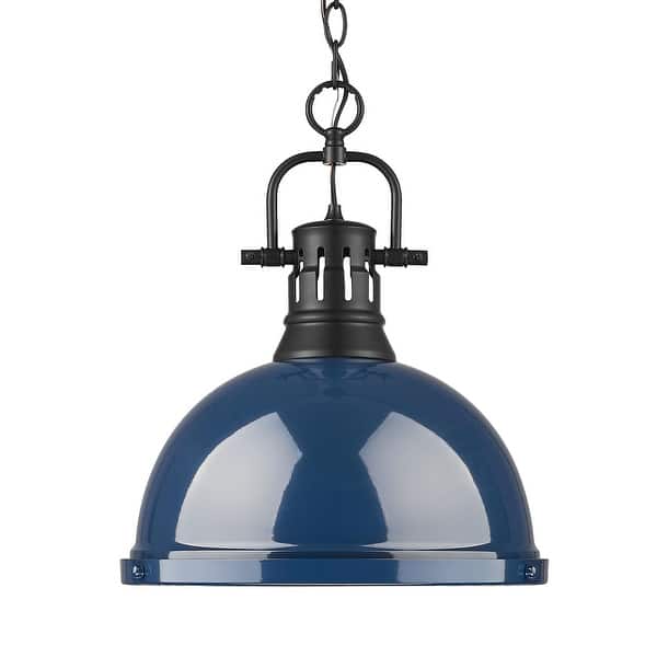 slide 1 of 1, Yep by Golden Lighting Duncan 1-light 14in Chain Hung Pendant in Matte Black and Navy Blue shade