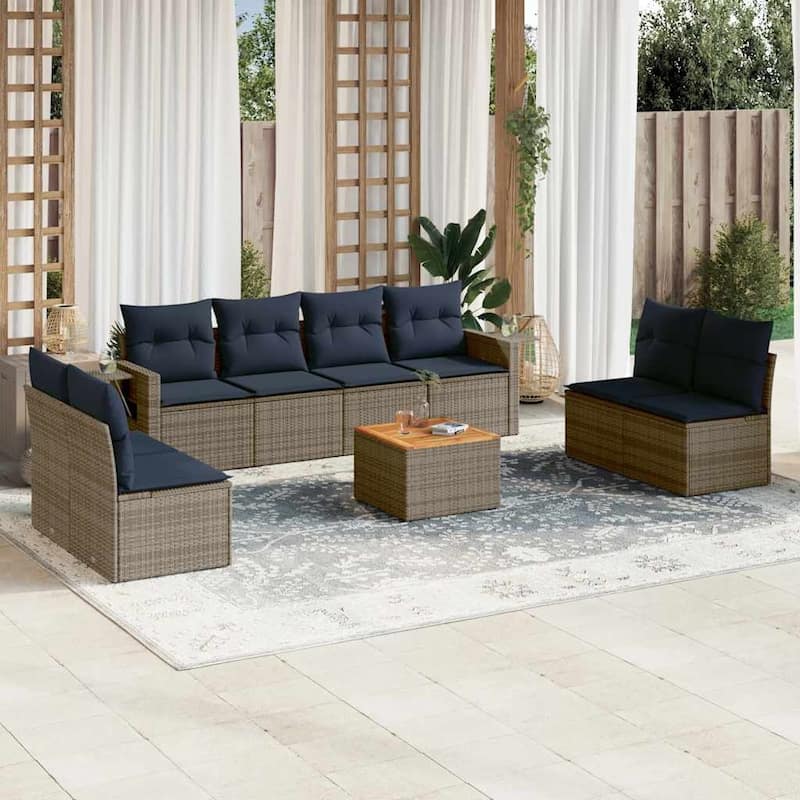 vidaXL 9 Piece Patio Sofa Set with Cushions Black Poly Rattan - 21.7" x 24.4" x 27.2" - Grey and blue