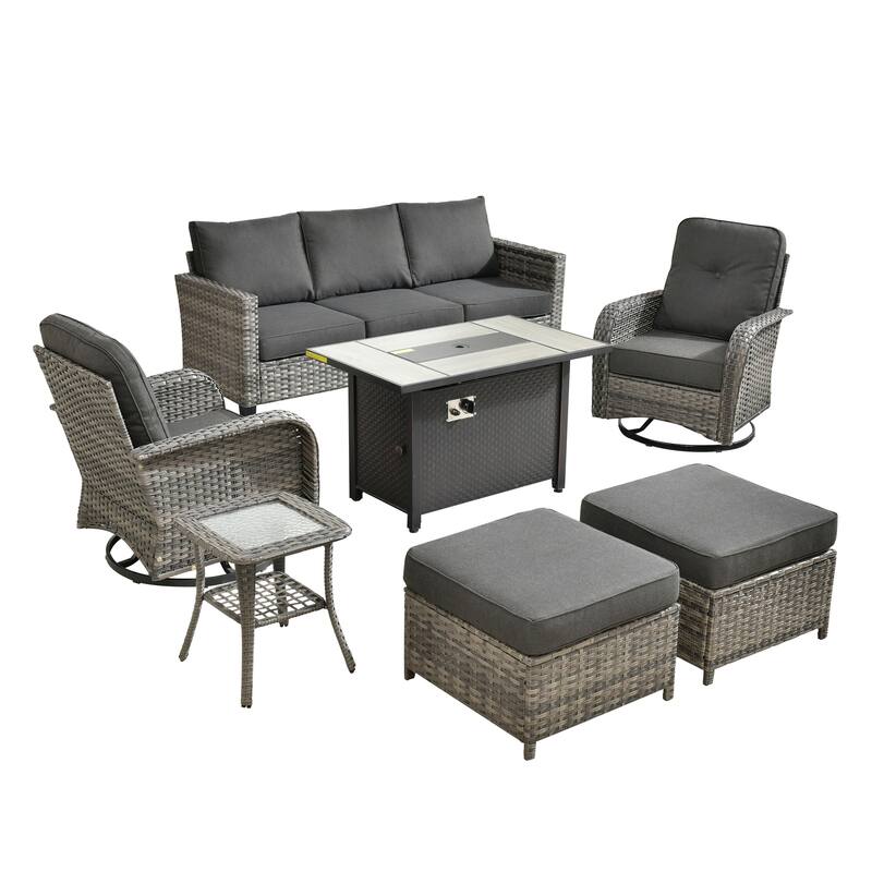 OVIOS 7-piece Patio Wicker Swivel Rocking Chair Set With Fire Pit
