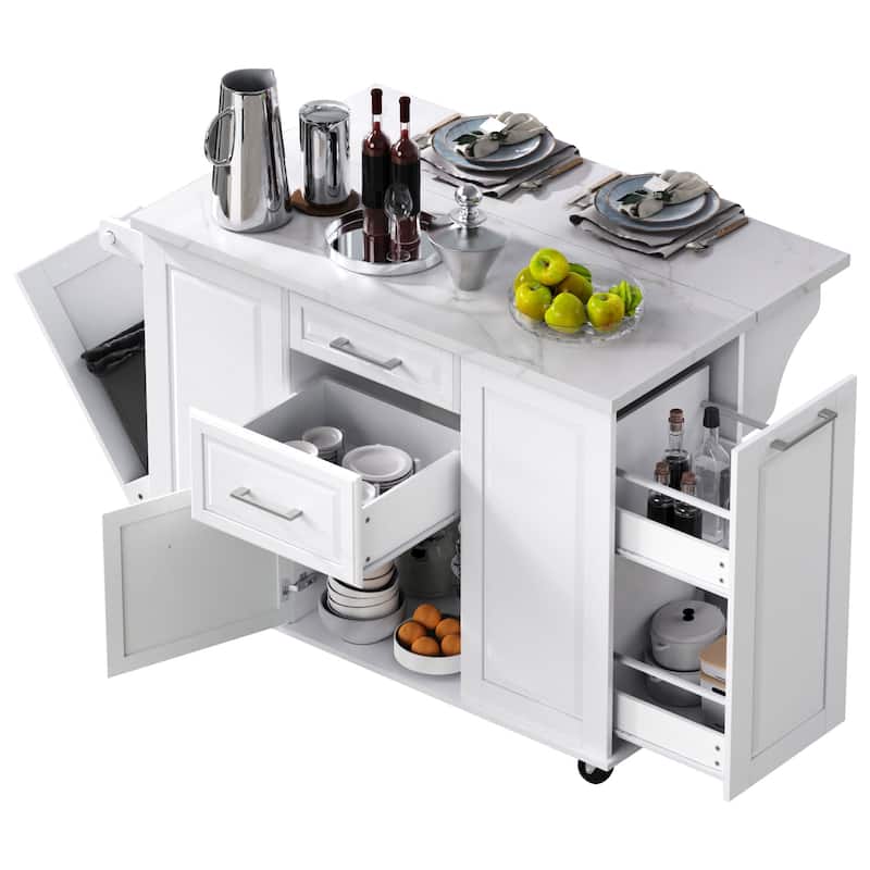 50.7"Kitchen Island with Pull Out Cabinet Organizer, Rolling Kitchen Island on 5 Wheels with Drop Leaf, 2 Drawers
