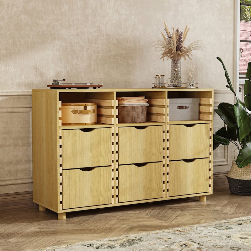 Buffet Sideboard 6-Drawer Wood Storage Cabinet with Adjustable Shelves, Solid Slat Panels