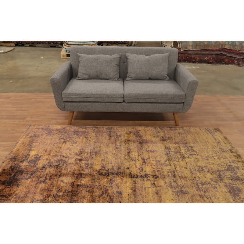 Hand Knotted Oriental Viscose Silk Carpet Modern Abstract Yellow & Gold Abstract Area Rug - 7' 9'' X 5' 8''