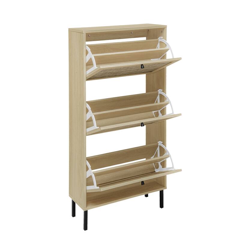 Shoe Storage Cabinet with 3 Flip Drawers, Freestanding 3-Tier Shoe Rack, Slim Shoe Organizer with Half Round Woven Rattan Doors